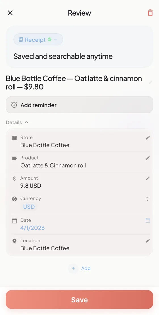Popit item detail view with extracted information