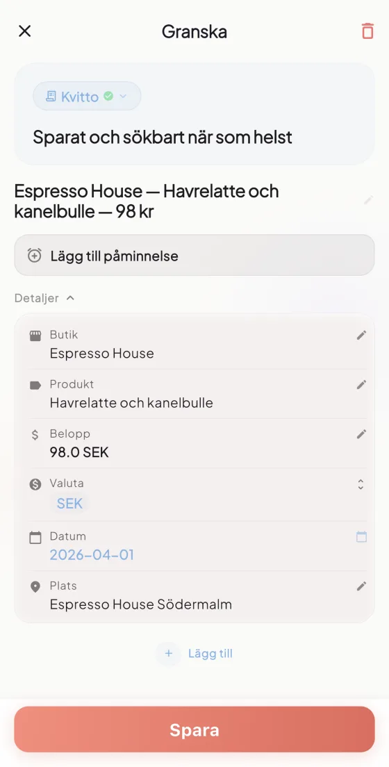Popit item detail view with extracted information