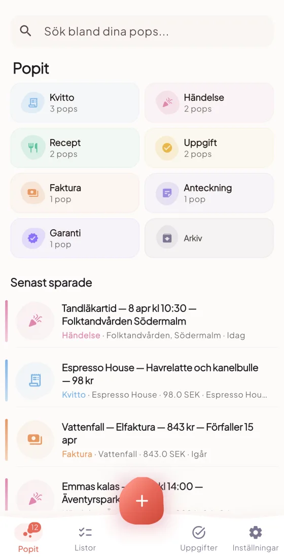 Popit app home screen showing organized receipts, events, and invoices