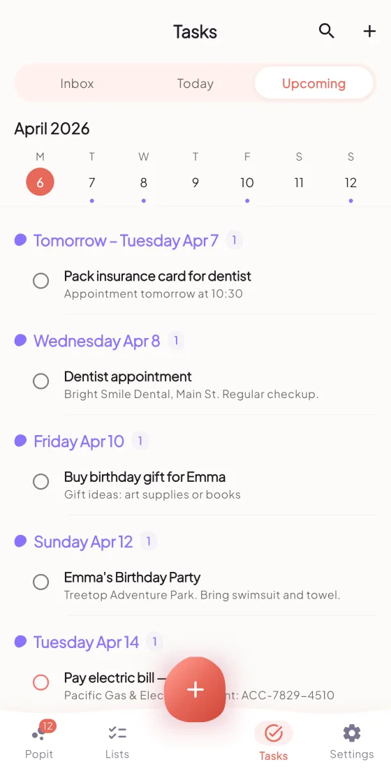 Popit tasks view with reminders and actions