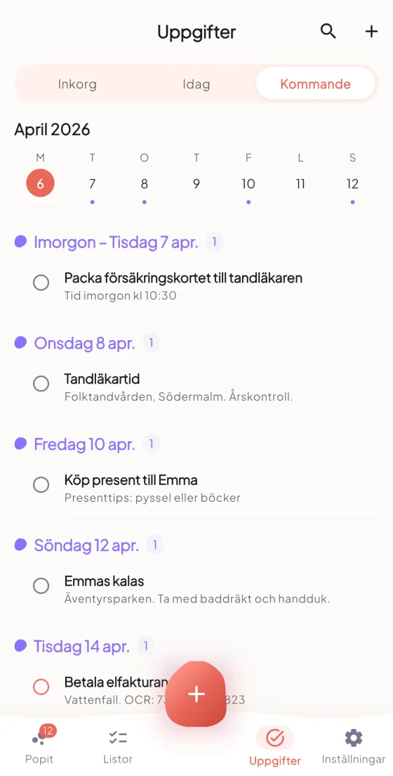 Popit tasks view with reminders and actions